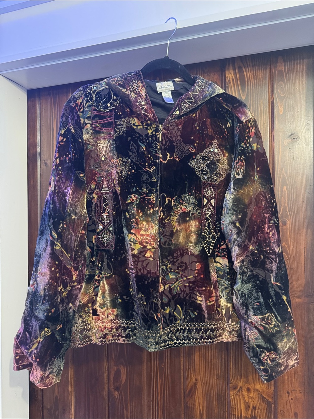 Chico's Multicolor Velvet Hooded Jacket with Jewel Tones